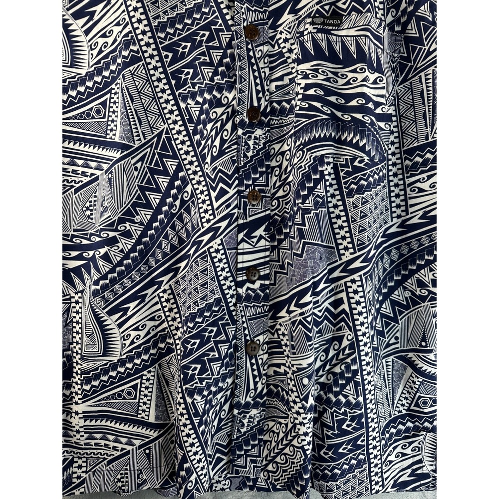 Tanoa Polynesian Tribal Hawaiian Shirt Men M Blue White 100% Cotton Fiji - Picture 3 of 13